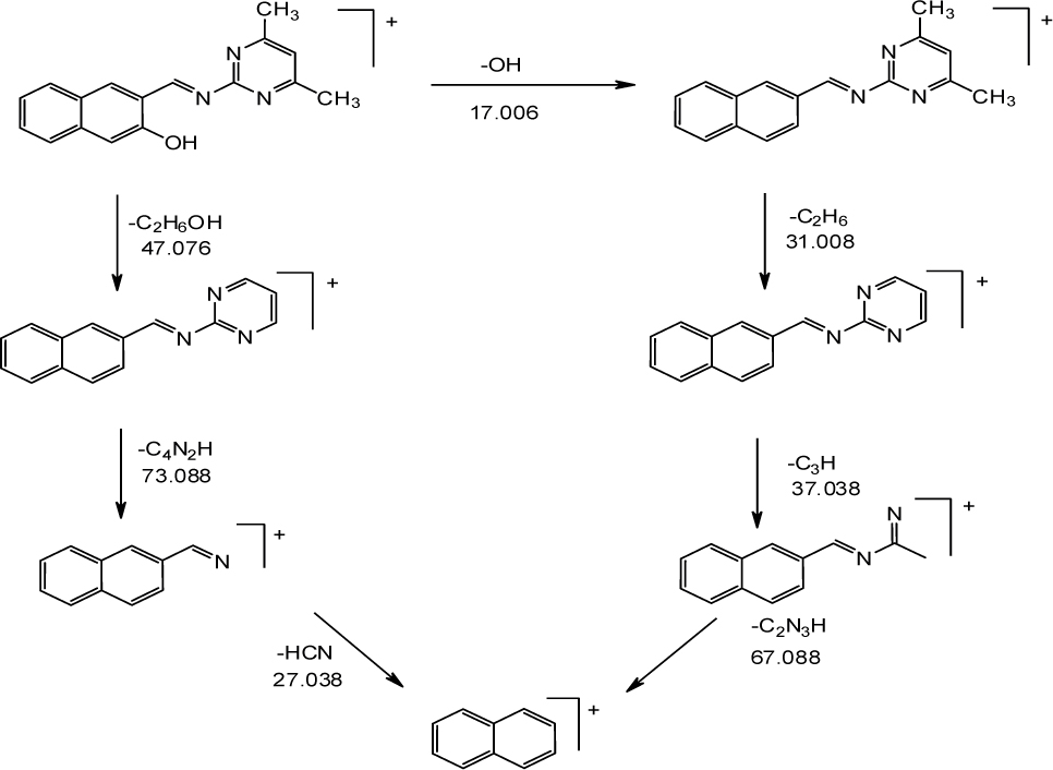 Scheme 2 Fragmentation pattern of 3-{(E)-[(4,6-dimethylpyrimidin-2-yl)imino]methyl}naph thalen-2-ol ligand.
