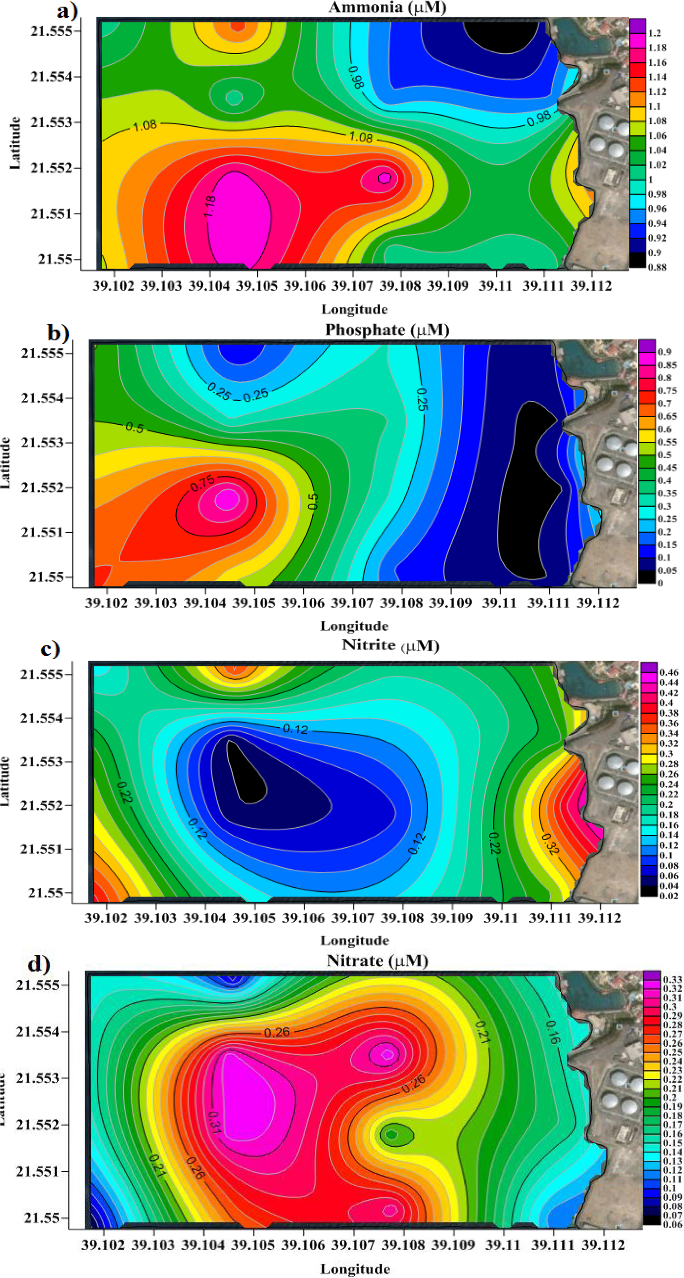 Figure 5 Surface distribution pattern of a) ammonia, b) phosphate, c) nitrite, and d) nitrate.