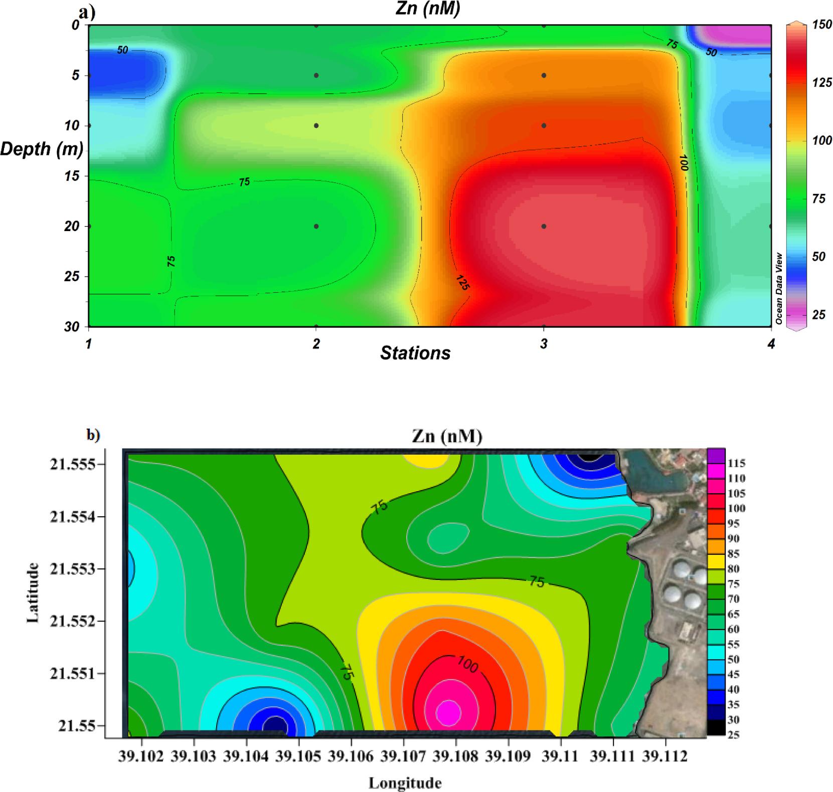 Figure 8 Cross-section profile (a) and surface distribution (b) of dissolved Zn.