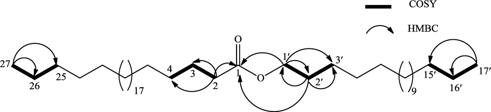 Figure 2 Important COSY and HMBC correlations of compound 4.