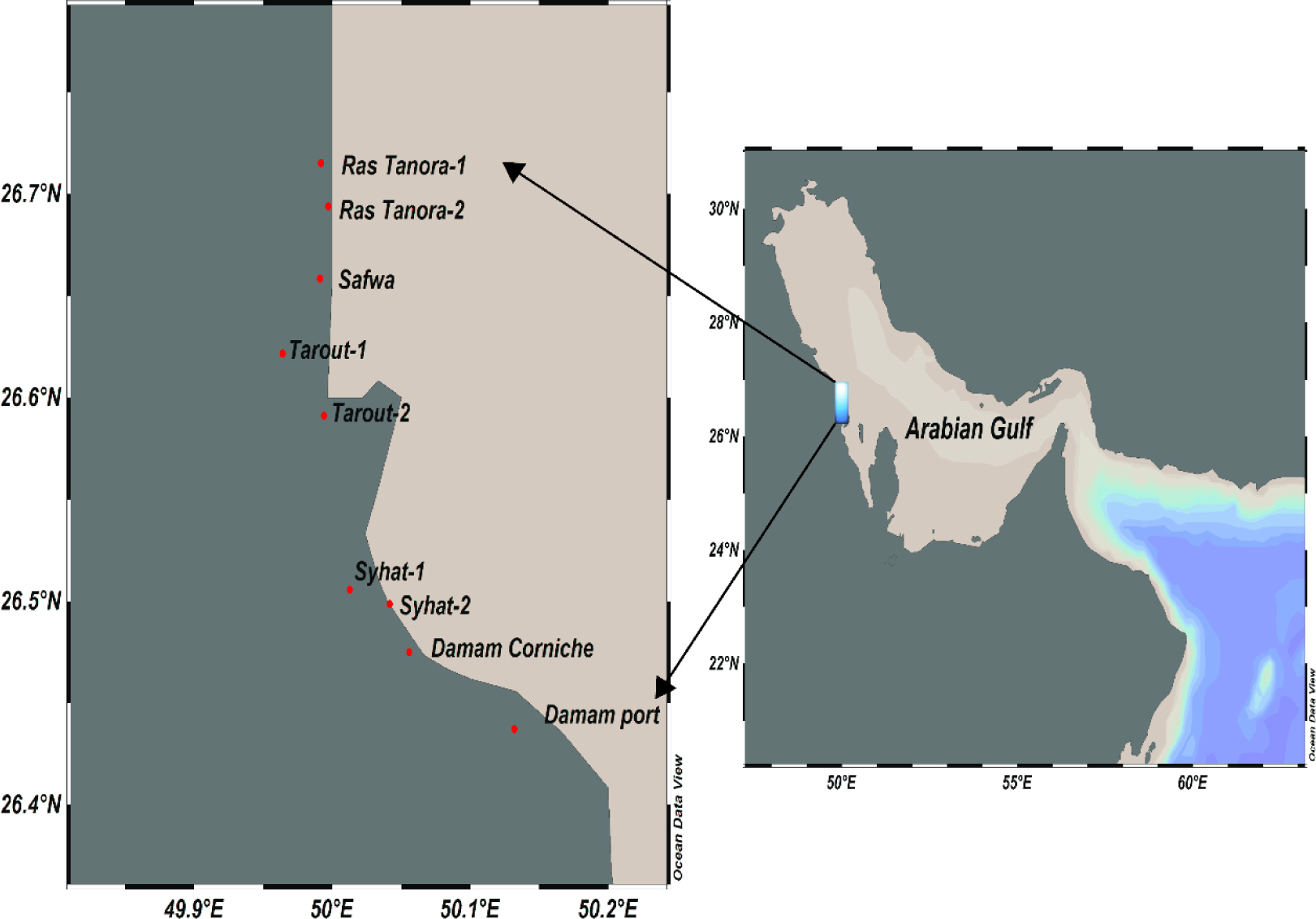 Figure 1 The map of the nine sampling locations of mangrove stands along Arabian Gulf.