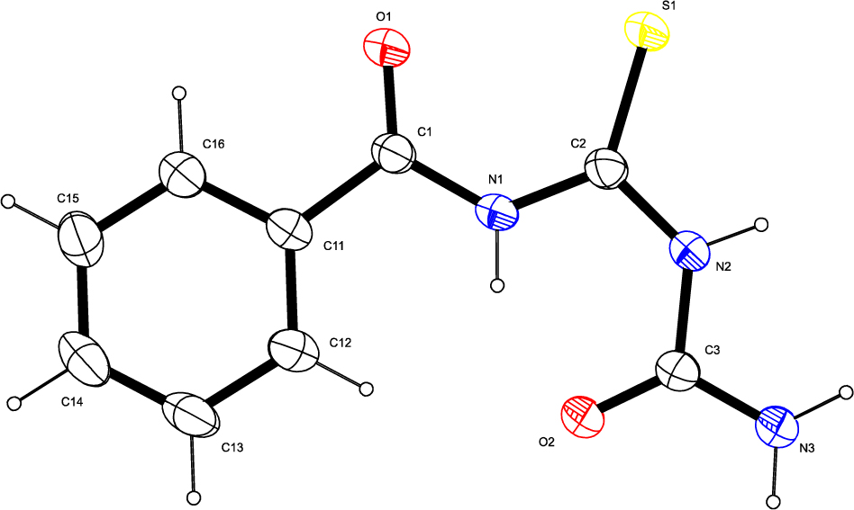 Figure 2 An ORTEP view of 1-((benzamido) sulfanylenemethyl) urea (I) shows 50% probability displacement ellipsoids and the atom labeling.