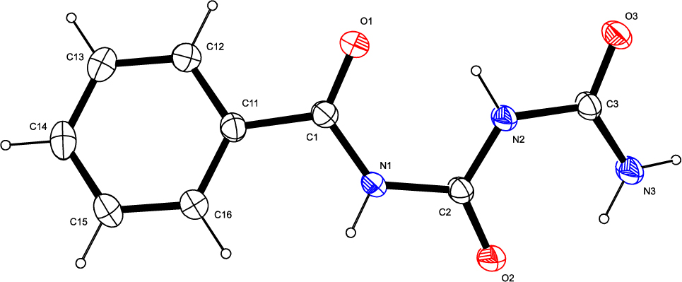 Figure 3 An ORTEP view of 1-((benzamido)formyl) urea (II) shows 50% probability displacement ellipsoids and the atom labeling.