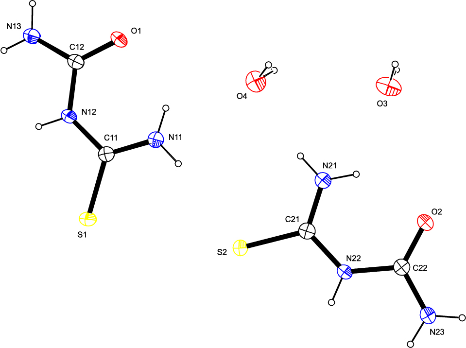 Figure 4 An ORTEP view of (carbamoylamino) methanethioamide (III) shows 50% probability displacement ellipsoids and the atom labeling.