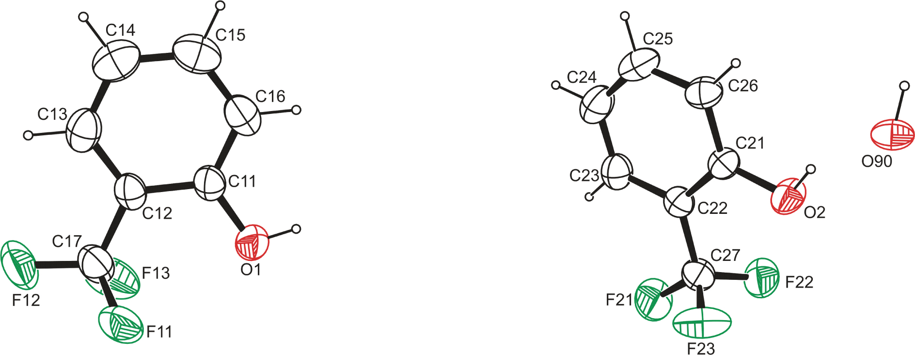 Figure 1 Molecular structure of the title compound, showing 50% probability displacement ellipsoids and atom labelling. Selected bond lengths (in Å): C11–C12 1.3971(17); C12–C17 1.489(2); C11–O1 1.3720(18); C21–C22 1.3924(17); C22–C27 1.4890(18); C21–O21.3605(15).