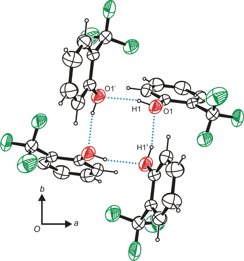 Figure 2 Cyclic tetrameric units in the crystal structure of the title compound, showing 50% probability displacement ellipsoids, viewed along [0 0 -1]. Symmetry operators: i -y+1/2, x, -z+1/2; iiy, -x+1/2, -z+1/2.