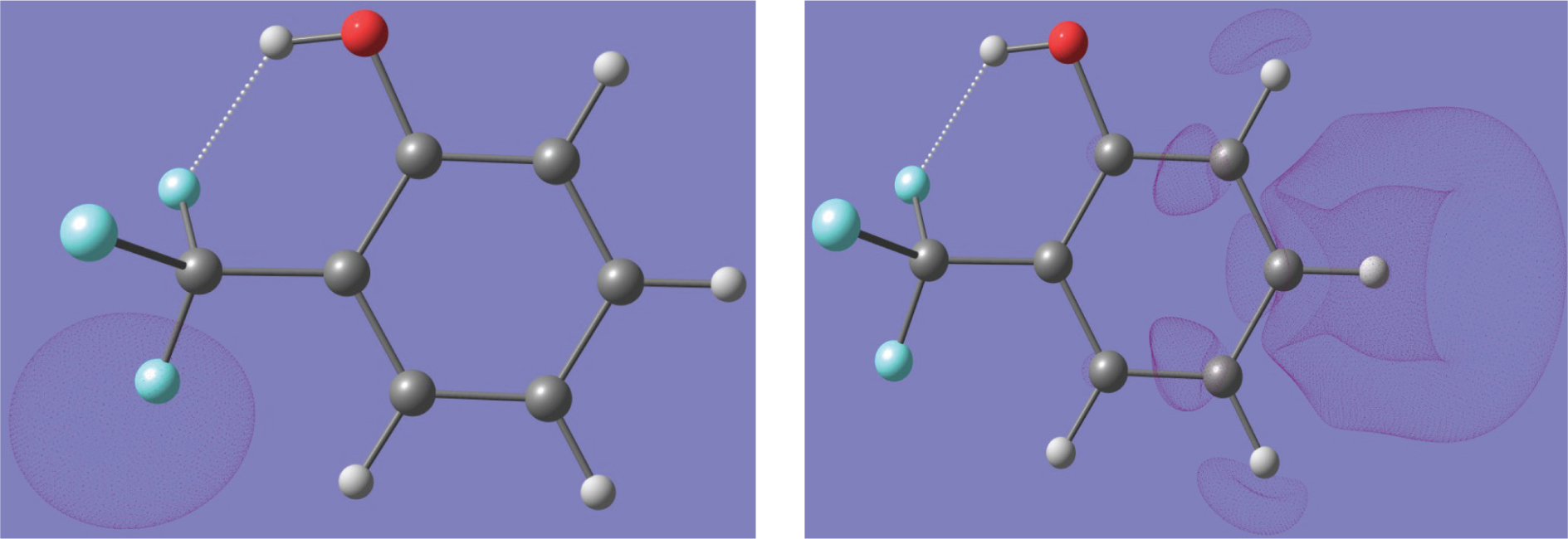 Figure 6 Isosurface plots of the highest occupied molecular orbital (HOMO) and the lowest unoccupied molecular orbital (LUMO) of ortho-(trifluoromethyl)phenol. Very similar pictures are obtained for the other ortho-(trihalomethyl)phenols.