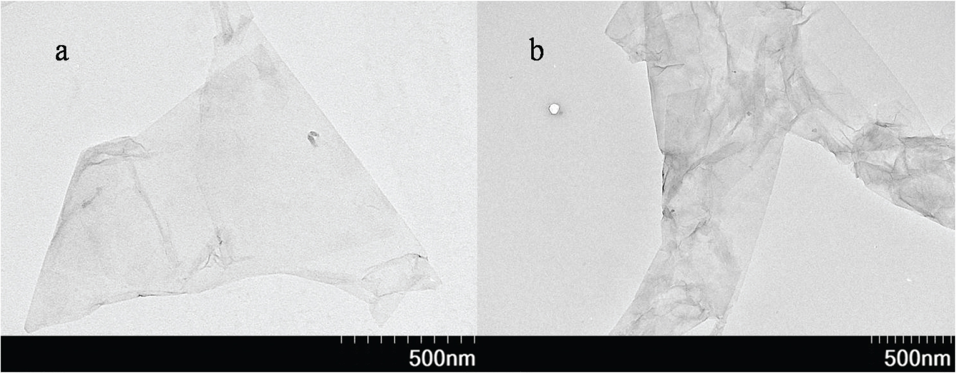 Figure 3 TEM images of GO suspensions (a), and GO+PAHs+NaCl (b).