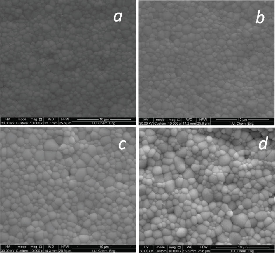 Figure 2 SEM micrographs of the SDC, PSDC6, PSDC9 and PSDC12 samples (X10.000).