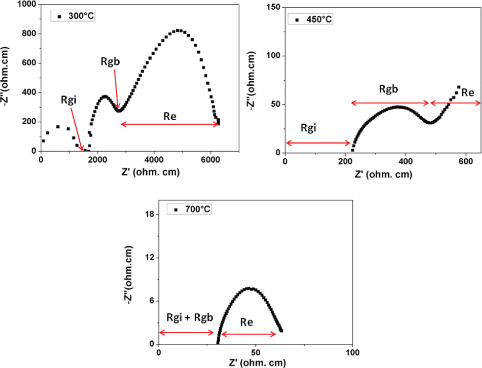 Figure 3 Complex impedance spectra plots of the PSDC9 pellet, measured at 300°C, 450°C and 700°C in air. The grain-interior, grain-boundary and electrode contributions are represented as Rgi, Rgb and Re, respectively.