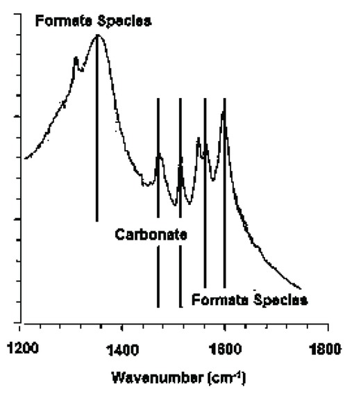 Figure 11 a FTIR data of format and carbonate species formed during the reaction.