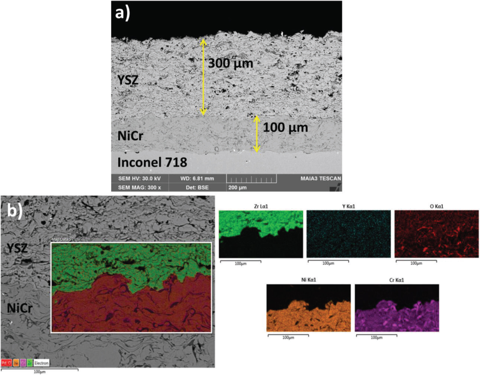 Figure 2 As-deposited TBC SEM and elemental mapping microstructures.