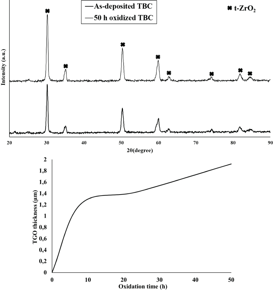 Figure 5 XRD analysis of as-sprayed and 50 h oxidized TBC and, TGO growth behavior with respect to time.