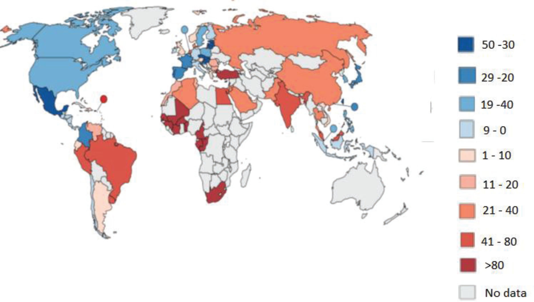 Figure 2 Percentage changes in antibiotics consumption per capita 2000 – 2010 by country. The blue colours indicate decreases while the rest are increases. Picture adapted from [4].