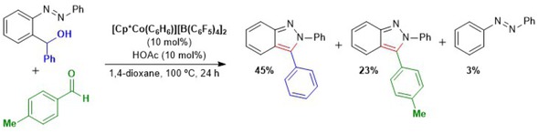 Scheme 4.41. Cross-over experiment for the reversibility of aldehyde insertion in the cobalt-catalyzed cyclization of azobenzenes and aldehydes.