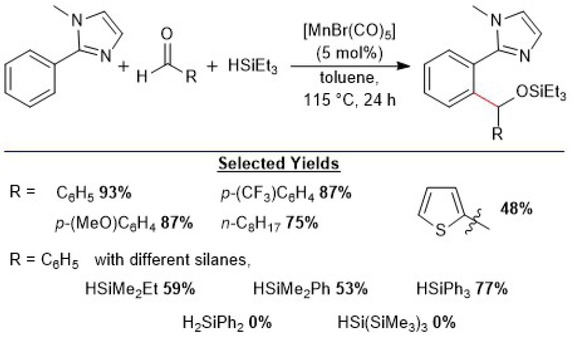 Scheme 5.2. Manganese-catalyzed coupling of aldehydes with arylimidazoles by C–H activation. Adapted from reference [115].