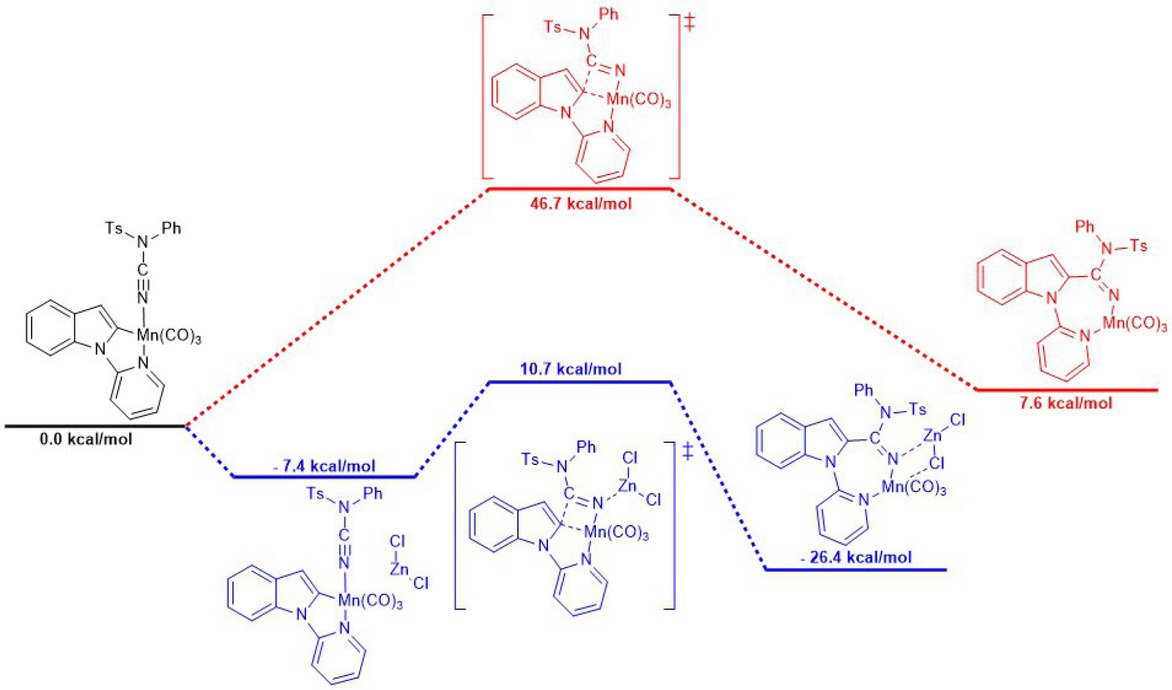 Figure 5.3. Calculated energy profile for the insertion reaction of the cyanating agent into the C–Mn bond in the presence and absence of ZnCl2. Adapted from reference [124].