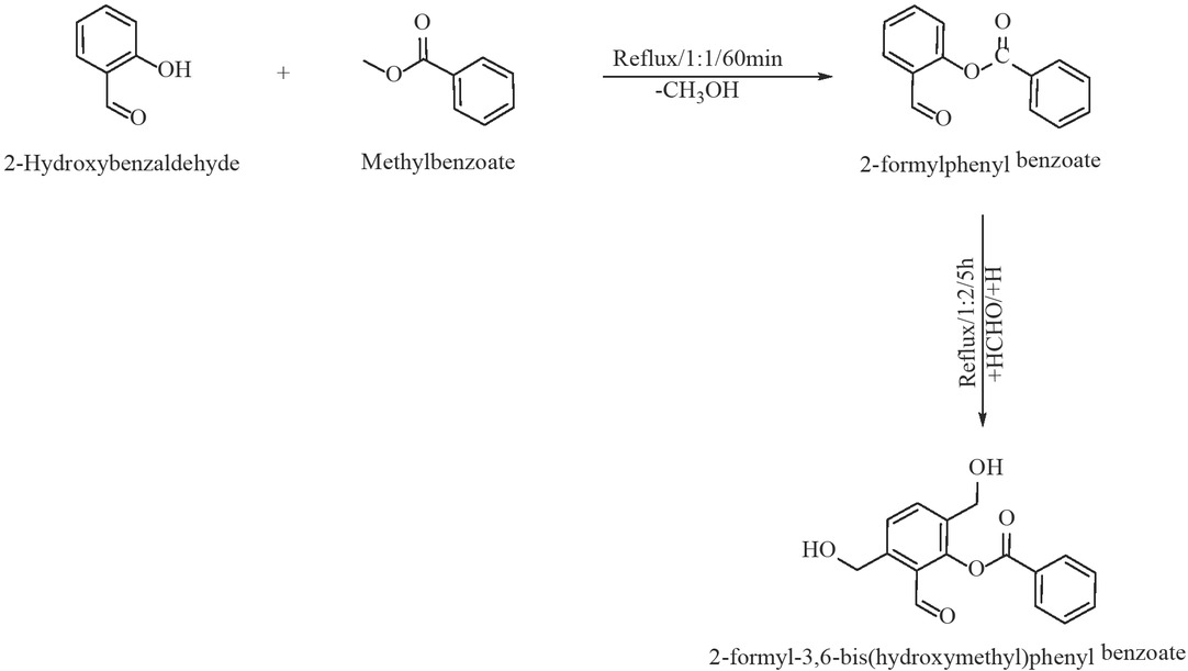 Scheme 1 Synthesis of 2-formyl-3,6-bis(hydroxymethyl)phenyl benzoate.