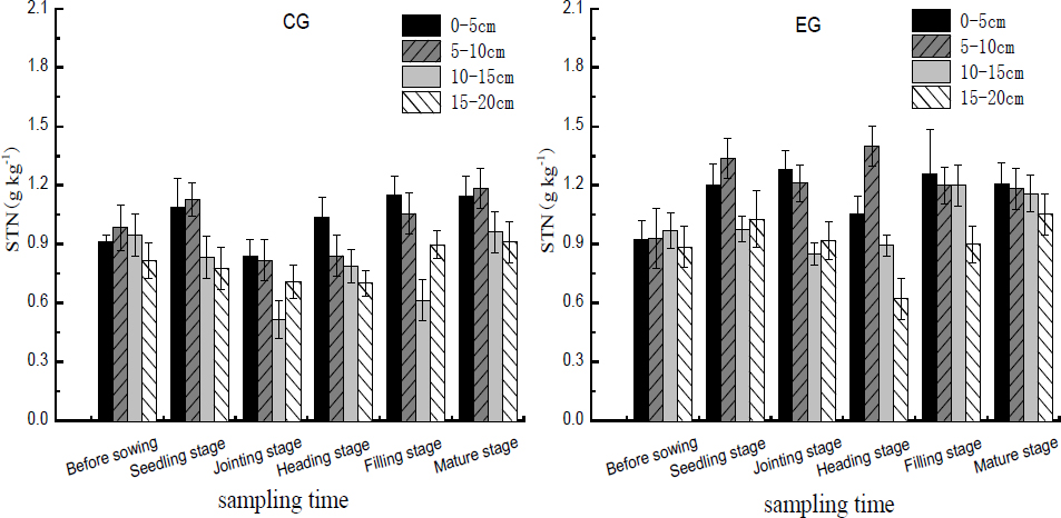 Figure 1 STN concentrations in the control group (CG) and the experimental group (EG) soils subject to poultry wastewater irrigation.