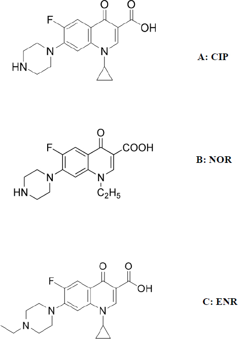 Figure 1 Chemical structures of CIP, NOR and ENR (A) CIP (B) NOR (C) ENR.