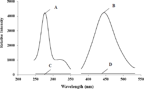 Figure 2 The conventional fluorescence excitation (A) and emission (B) spectra of CIP in water solutions. (A) Fluorescence excitation spectrum of CIP in water solutions; (B) Fluorescence emission spectrum of CIP in water solutions; (C) Fluorescence excitation spectrum of solvent; (D) Fluorescence emission spectrum of solvent.