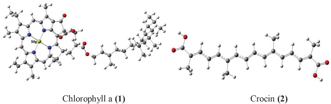 Figure 1 Chemical structures of Chlorophyll a (1) and Crocin (2).