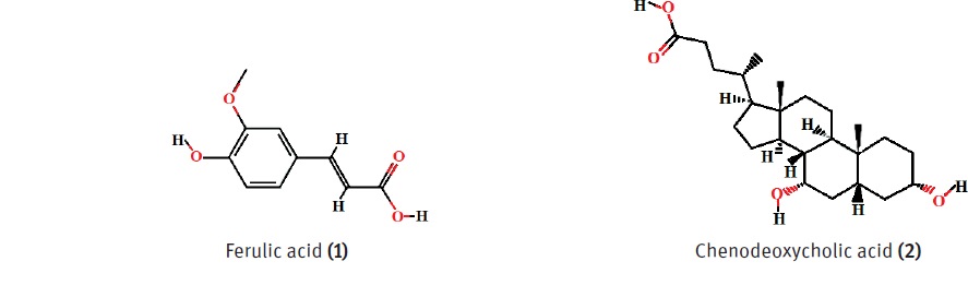 Figure 1 Bond-line formulas of Ferulic acid (1) and Chenodeoxycholic acid (2).