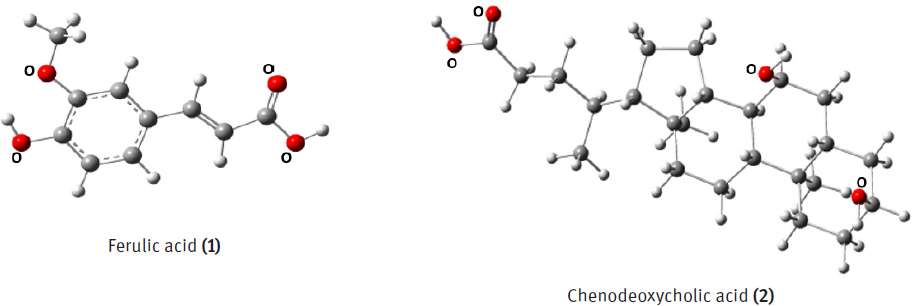 Figure 2 Molecular models of Ferulic acid (1) and Chenodeoxycholic acid (2).Ethical approval: The conducted research is not related to either human or animal use.