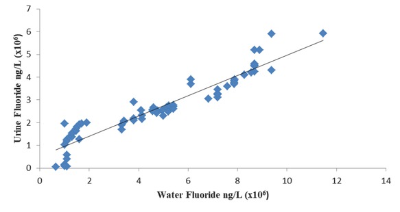 Figure 1 Relationship between Water and Urine Fluoride of RM Participants. Pearson correlation coefficient r = 0.94.