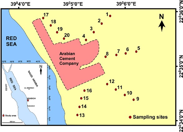 Figure 1 Map showing the study area and sampling sites around the cement factory.