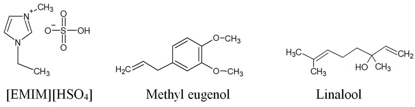 Figure 1 Structure of [EMIM][HSO4], methyl eugenol and linalool.