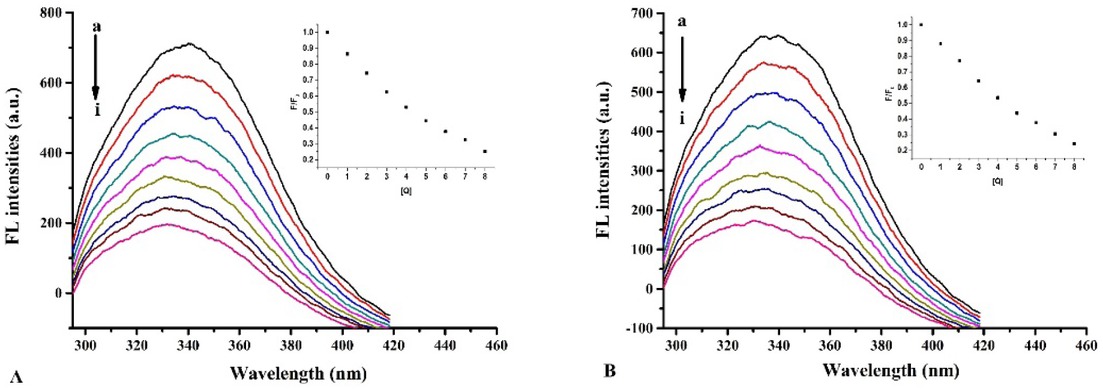 Figure 3 The quenching effect of apigenin on fluorescence spectra of HSA (A) and glycated HSA (B). λex =280 nm; HSA, 1.00 × 10-5 mol/L; a-i: 0.00, 1.00, 2.00 .... 8.00 (× 10-6 mol/L) of apigenin. Inset: The Stern-Volmer plots for HSA (A) and glycated HSA (B) fluorescence quenching by apigenin.