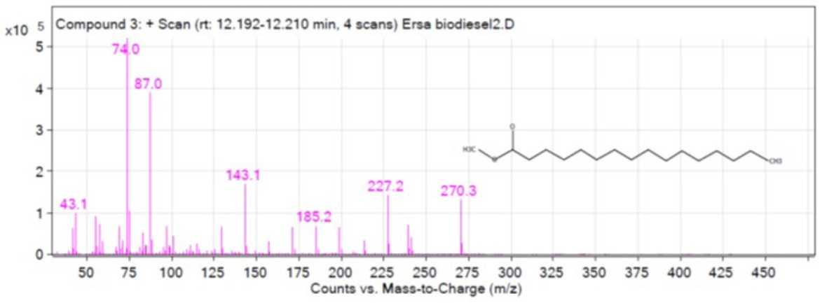 Figure 7 The MS spectrum of hexadecanoid methyl ester fragmentation.