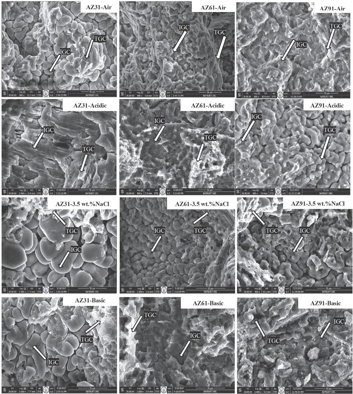 Figure 6 SEM images of the fracture surfaces in different media for AZ31, AZ61 and AZ91 Mg alloys.
