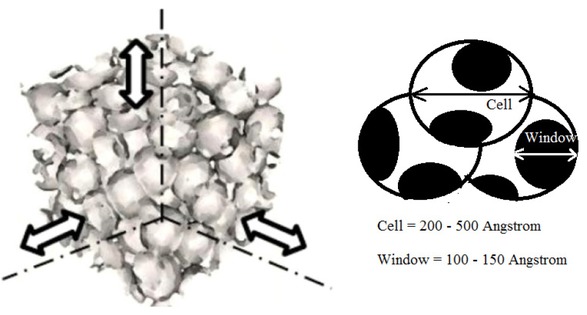 Figure 2 Three-dimensional cells and windows in MCF silica material (adapted from [28]).