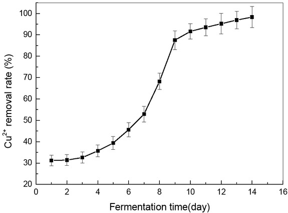 Figure 7 Effect of fermentation time on the copper ions removal rate (The initial content of copper ions was 100 mg/L. 0.2 g of the adsorbent was used).