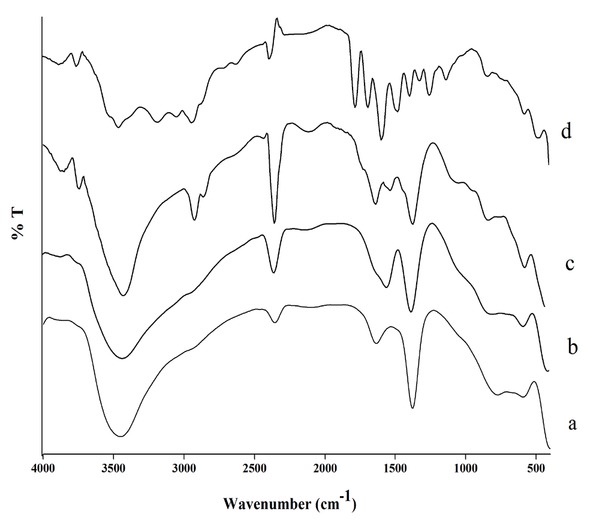 Figure 2 FTIR spectrum of Ni-Al-NO3 (a); Ni-Al-Benzoate (b); Ni-Al-Benzoate after ion exchange with amoxicillin (c); and amoxicillin (d).