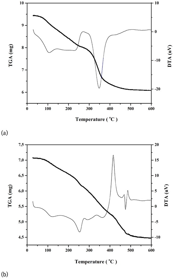 Figure 3 TGA and DTA curves of Ni-Al-NO3 (a) and Ni-Al-Benzoate (b).