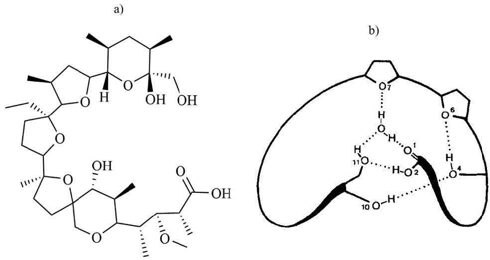 Scheme 1 Structure of Monensin A (a) and folding of PI skeleton due to the formation of H-bonds (b).