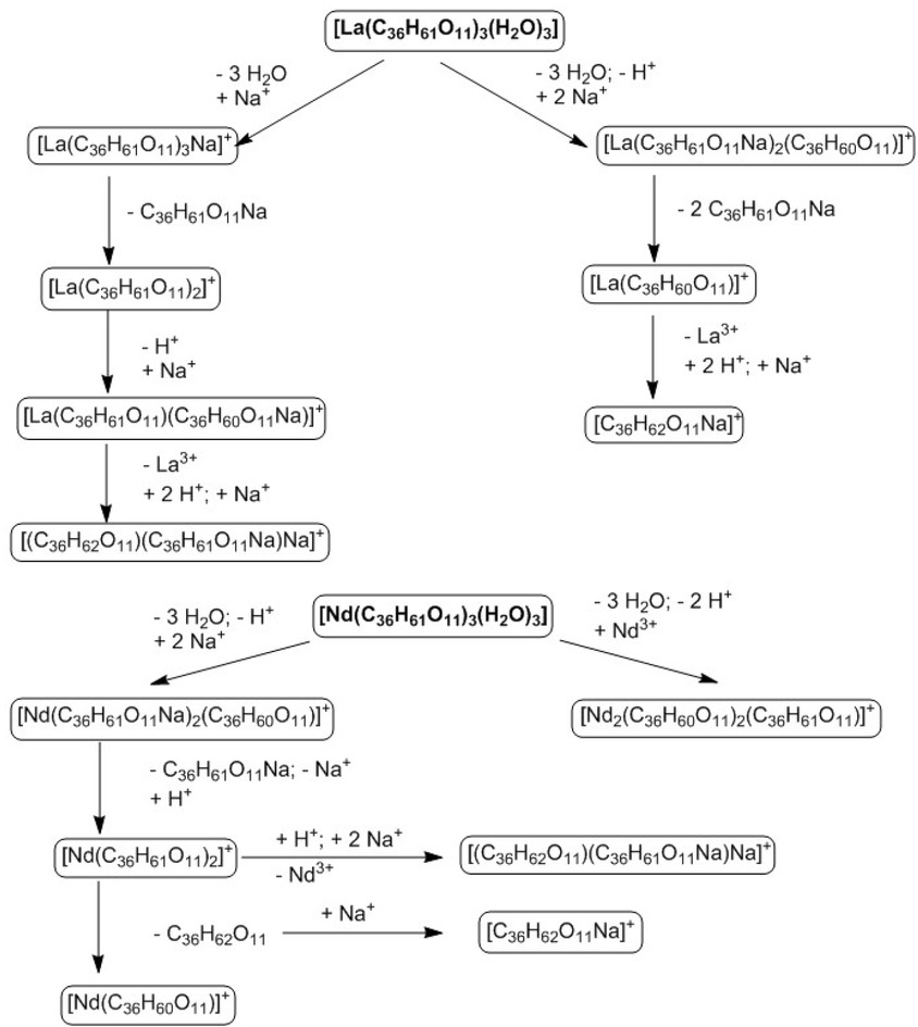 Scheme 2 Molecular fragmentation of 1 (above) and 2 (bottom).