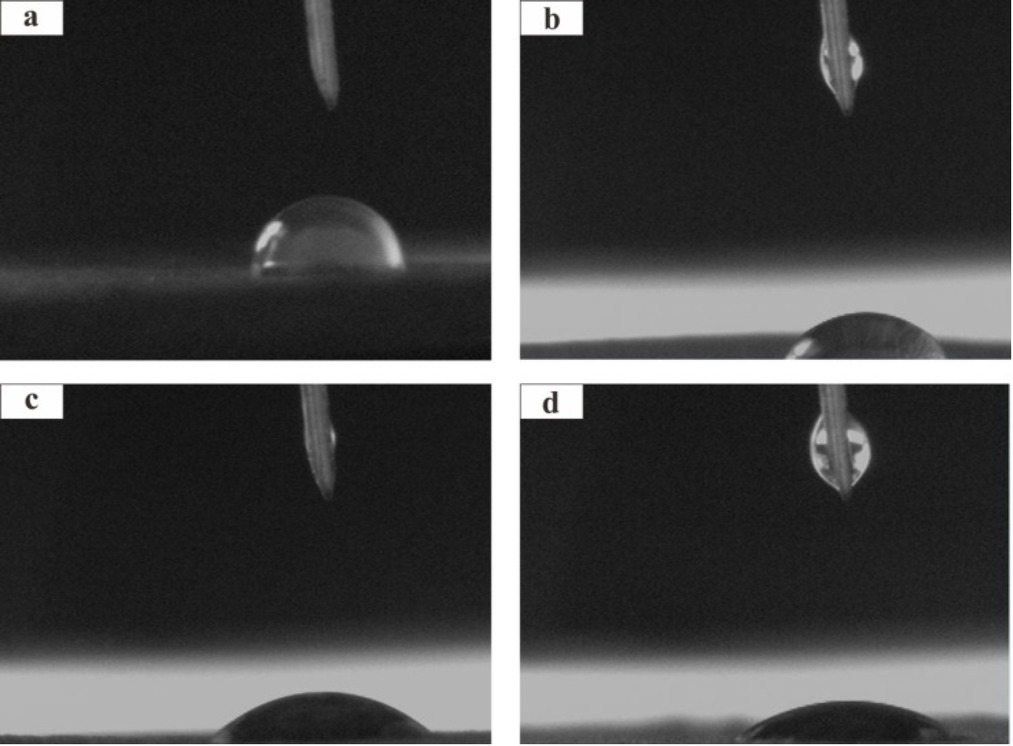 Figure 5 The trend of the contact angle of coal soaked in different concentrations of alkaline solution (a) the original coal; (b) 0.2 mol/L NaOH; (c) 0.5 mol/L NaOH; (d) 1 mol/L NaOH.