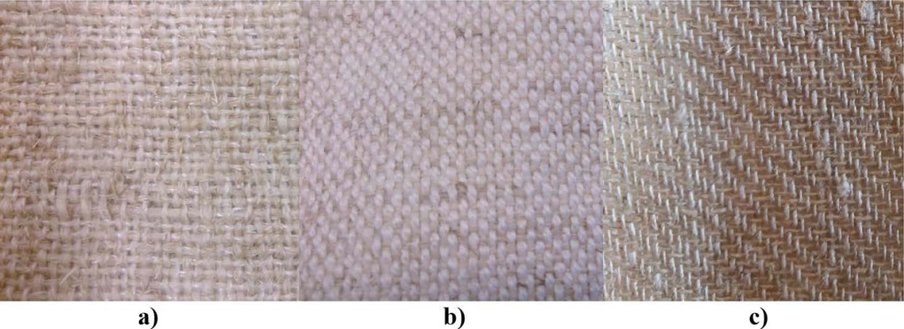 Figure 1 Natural fibre fabric: (a) Banana (b) Banana with cotton (c) Linen.