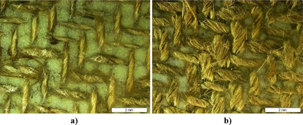 Figure 5 Polypropylene with linen fabric and 60% additive: (a) Without treatment (b) With alkali treatment.
