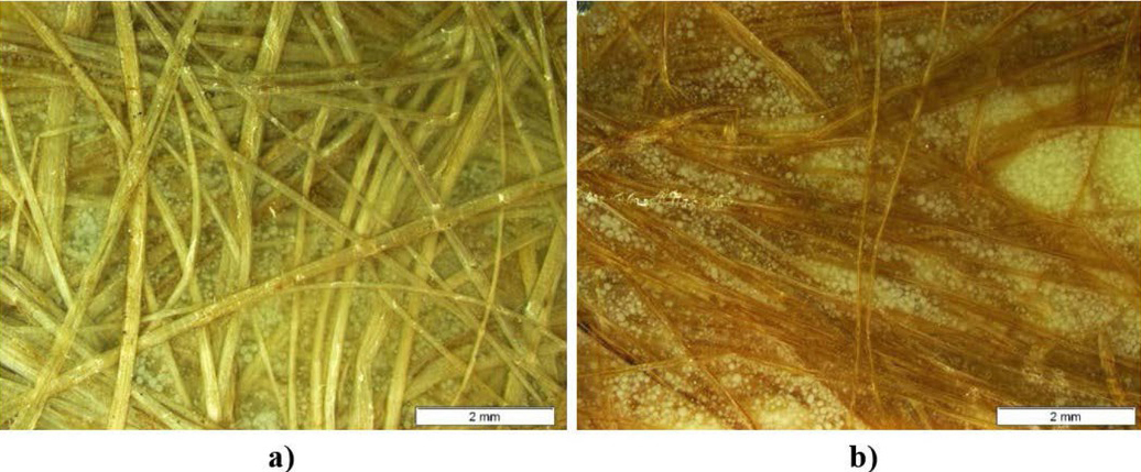 Figure 6 Polypropylene with banana nonwoven and 45% additive: (a) Without treatment (b) With alkali treatment.