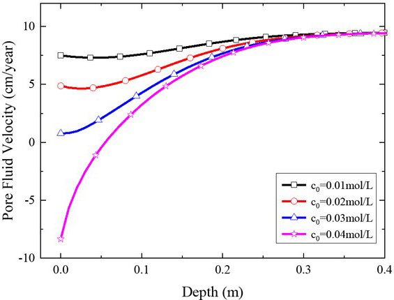Figure 6 Distribution of pore water velocity with depth (1 year).