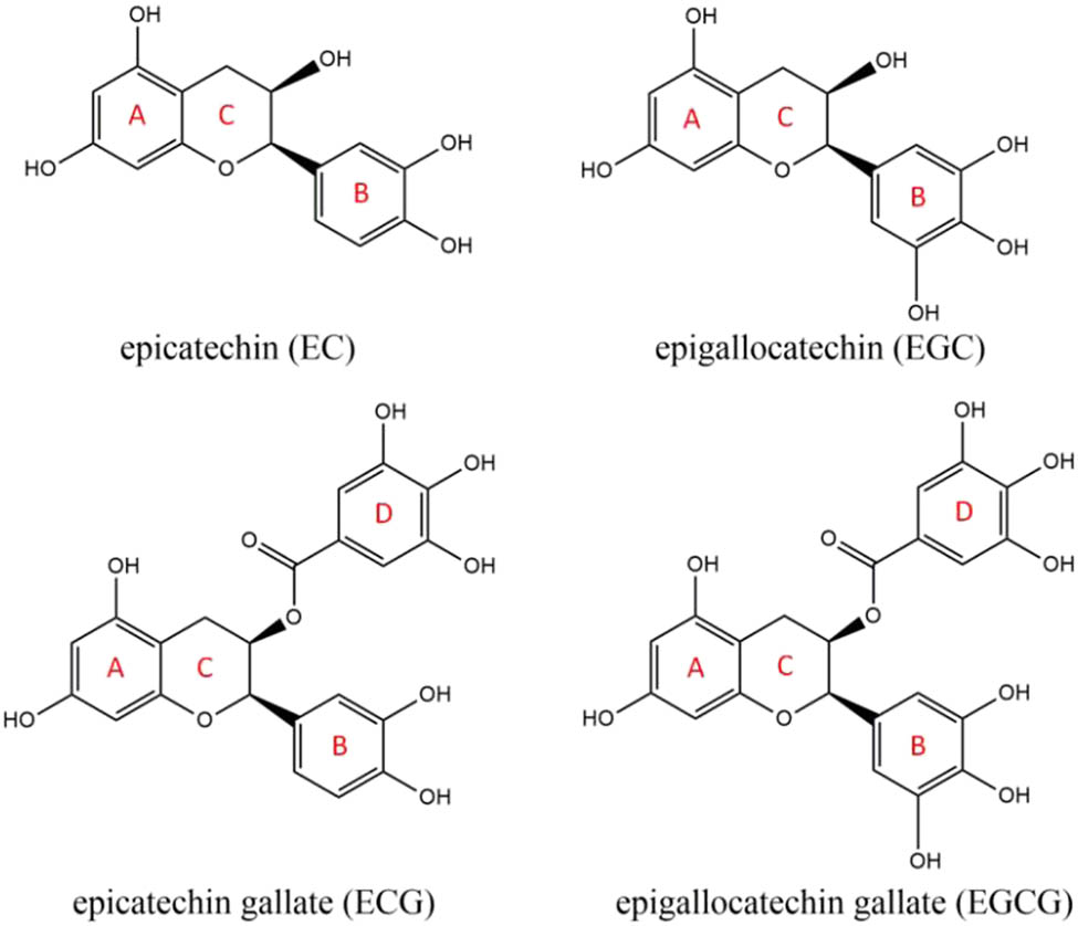 Figure 1 Chemical structures of four catechins (A represents A-ring, B represents B-ring, C represents C-ring and D represents D-ring).