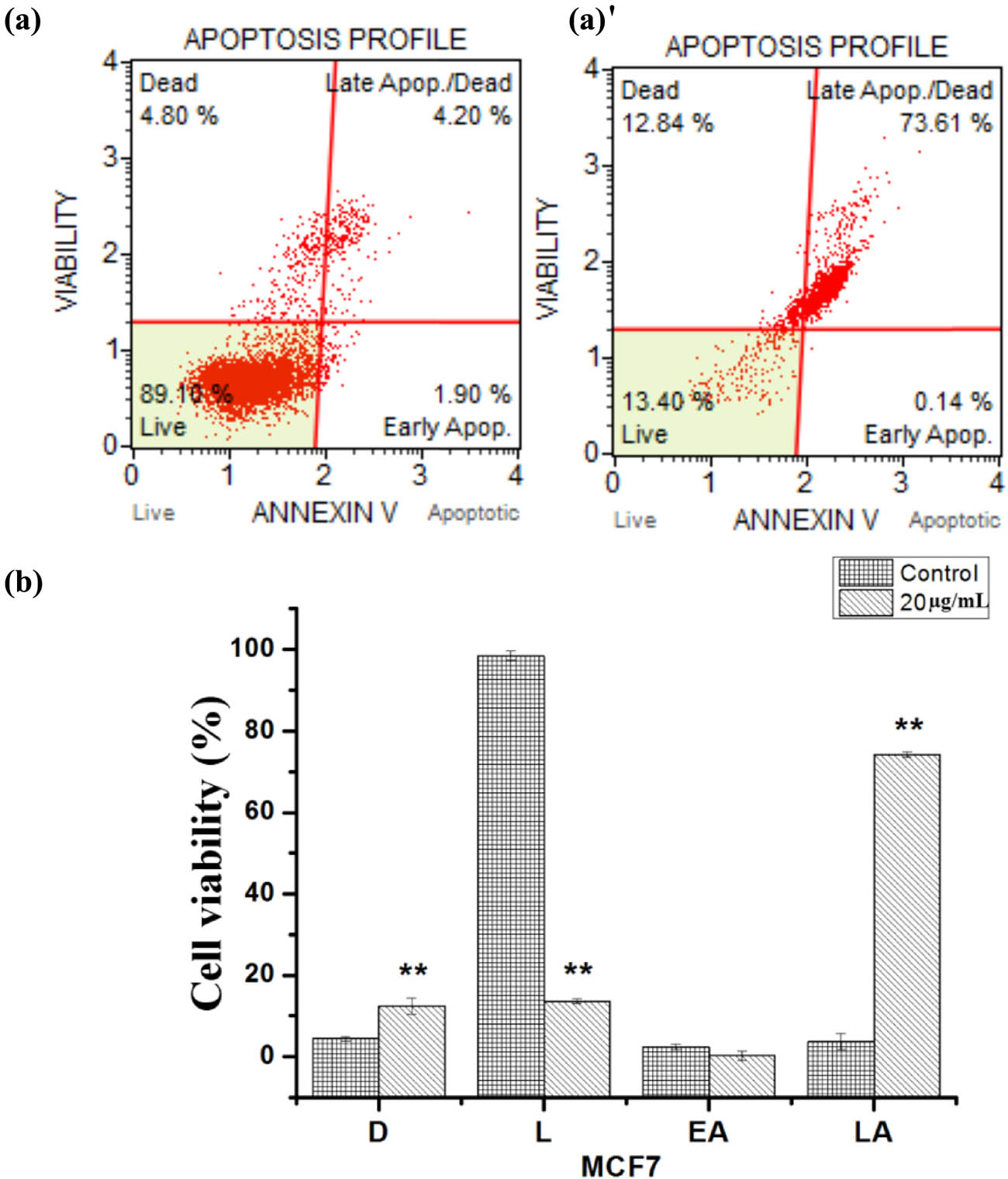 Figure 3 PHF5-induced apoptosis in MCF7 cells. (a) The distribution of the apoptotic cells using the Muse cell analyzer. The cells were incubated with 0.01% MeOH and PHF5 at concentrations of 100 μg/mL for 48 h. The percentage of early and late apoptotic cells was estimated in comparison with the MeOH control. Each sample was run in triplicate. (b) Error bars represent standard deviations. **Significant differences relative to the control (P < 0.05).