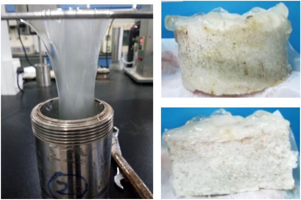 Figure 3 Appearance of the gel and cross section of the sand bed after HPHT filter press experiment.