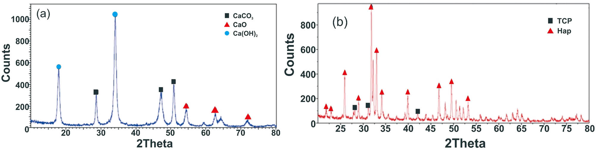 Figure 4 XRD of (a) coral milling for 20 h and (b) synthesized hydroxyapatite.