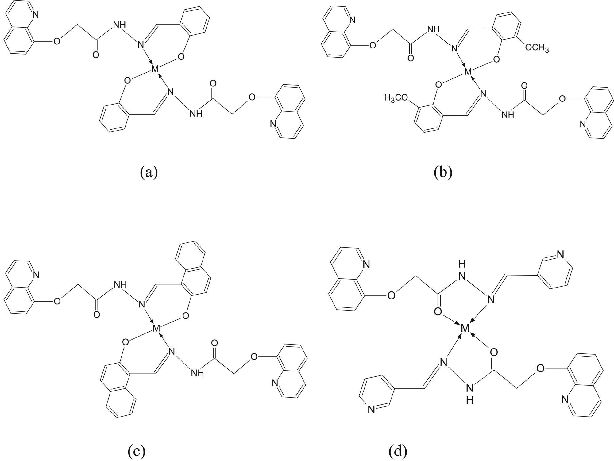 Figure 6 Structure of the synthesized complexes with (a) SL1, (b) SL2, (c) SL3, and (d) SL4 where M = Cu(ii) or Ni(ii).